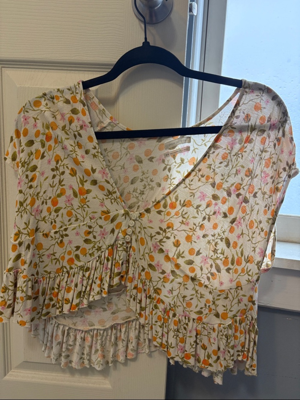 Urban Outfitters Cream Floral V-Neck Ruffle Blouse with Peach and Green Print